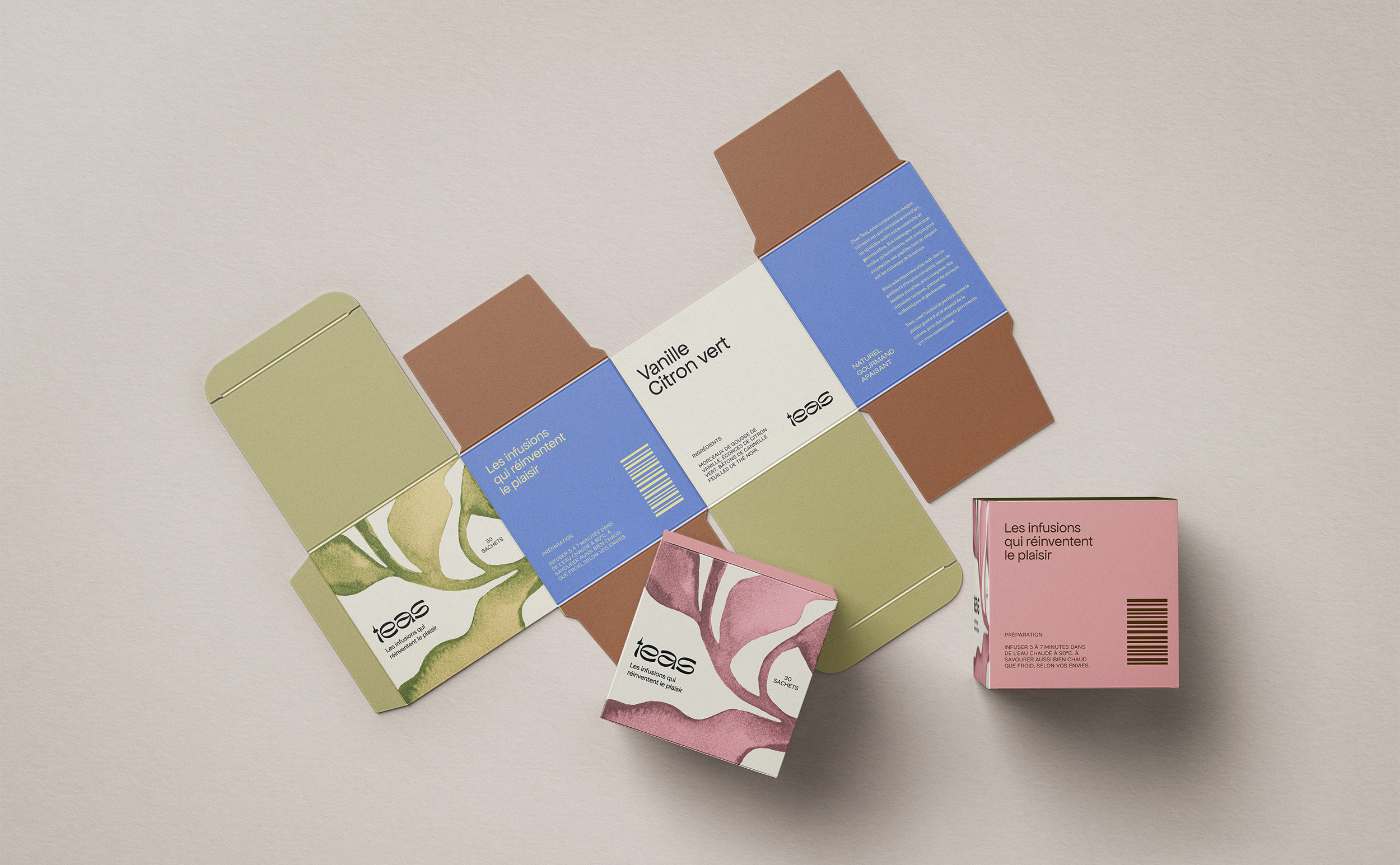 Vue à plat d'un packaging de la marque d'infusions gourmandes Teas, posé sur un fond uni. Le design coloré et illustré met en avant des éléments naturels, évoquant les arômes et ingrédients authentiques des infusions. Le logo fluide au centre reflète la douceur et la chaleur de l'infusion, tandis que les illustrations apportent une touche artistique et vivante.