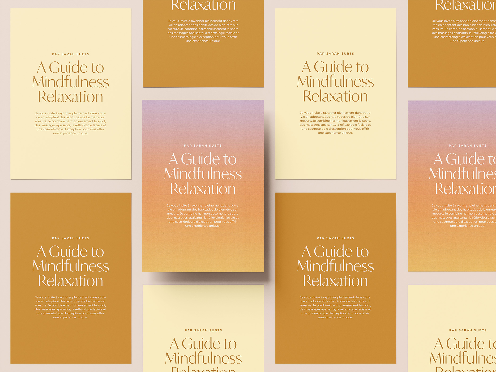 Flyers pour Soléa, mettant en avant une communication visuelle minimaliste et apaisante pour représenter l’essence de la marque.