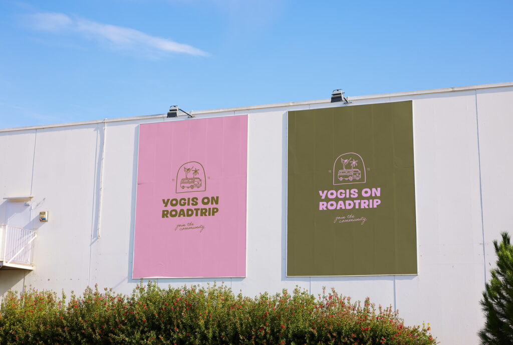 Deux affiches grand format présentant l’identité visuelle de Yogis On Roadtrip réalisée par Blomea Studio.